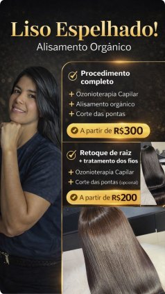 ✨ Alisamento Orgânico – Liso Espelhado com Tratamento ✨ • Fios alinhados • Brilho intenso • Redução de frizz • Tratamento enquanto alisa