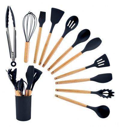 1 Kit 12 Utensílios Cozinha Silicone Cabo De Madeira