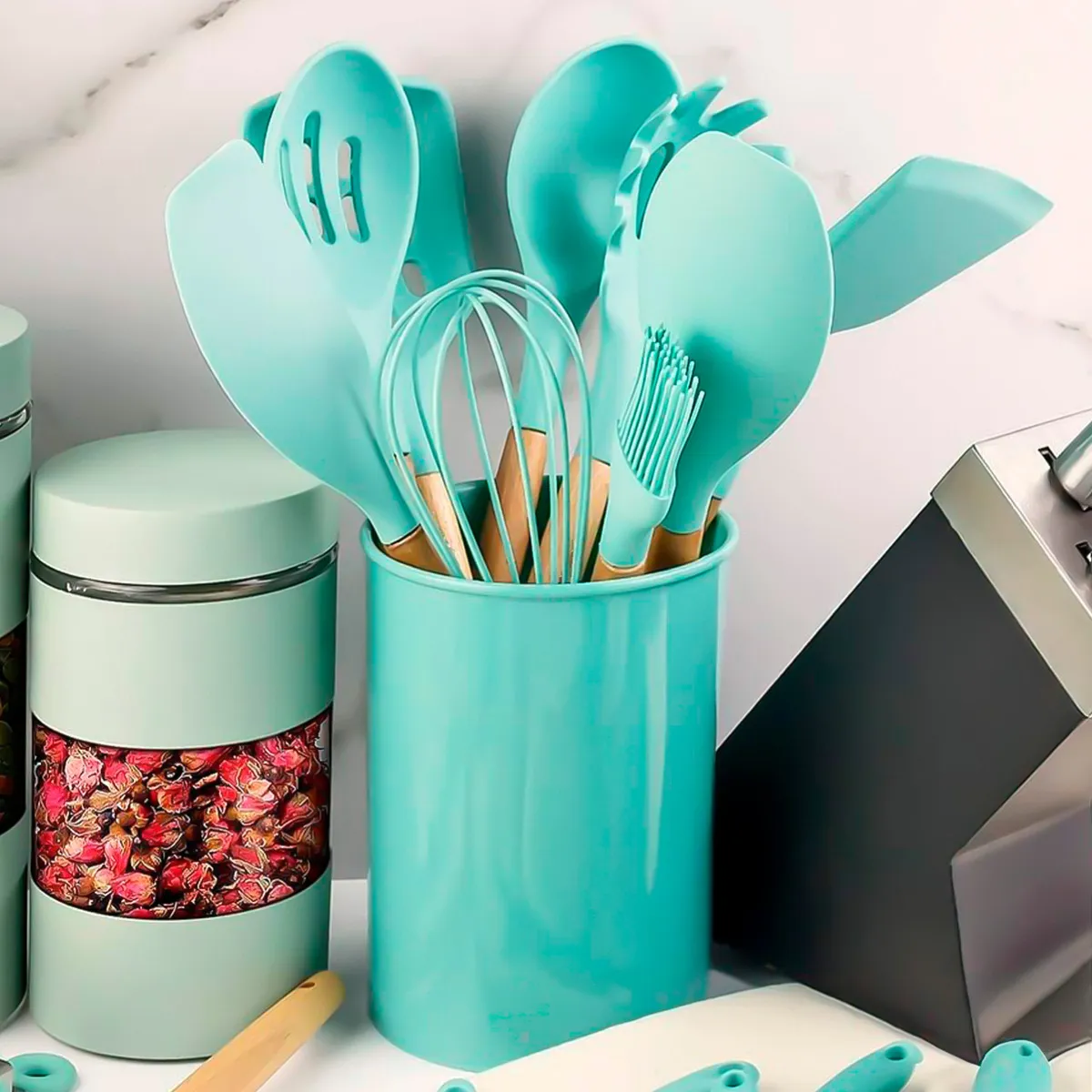 1 Kit 12 Utensílios Cozinha Silicone Cabo De Madeira