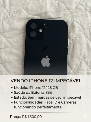 VENDE UM IPHONE 12 PRETO 128GB SEM MARCAS DE USO "IMPECÁVEL"